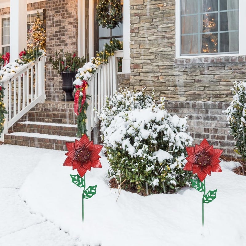 YEAHOME Outdoor Christmas Decorations, Set of 2 Poinsettia Flower Decorative Garden Stakes for Christmas Decor, Metal Red Flowers Xmas Decorations for Outside Garden Yard Lawn Porch - Image 5